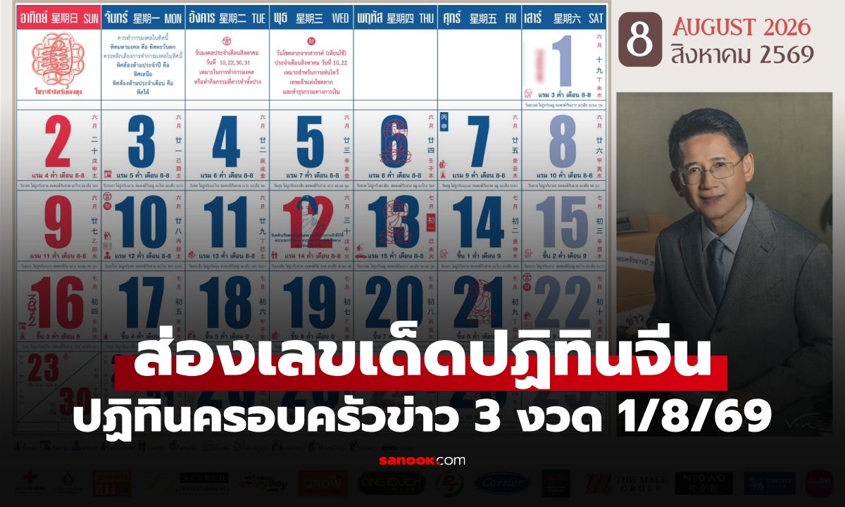 เลขเด็ดปฏิทินจีน ปฏิทินครอบครัวข่าว 3 งวด 1/8/69 แนวทางลุ้นโชครวยรับต้นเดือน